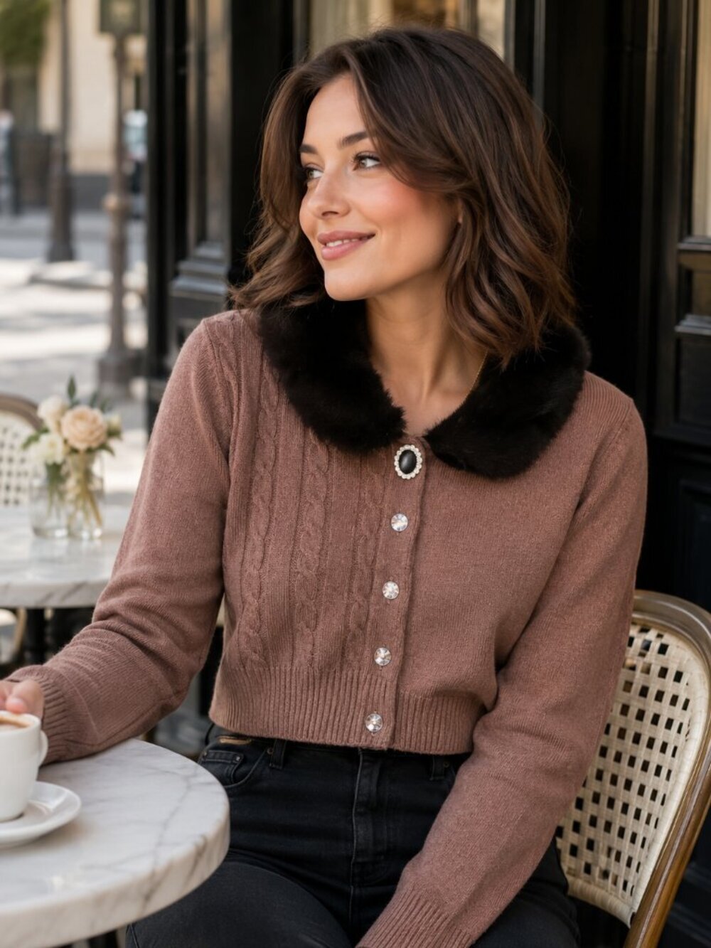 Vintage Claudette Cashmere Blend Cardigan Faux Fur Collar Jeweled Buttons M